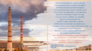Mesajul de felicitare al directorului general interimar Termoelectrica, Vasile Leu, cu ocazia Zilei Energeticianului