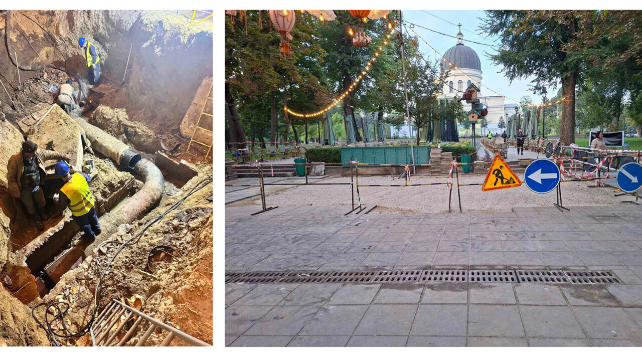  Scuarul Catedralei: conducta deteriorată, scoasă la suprafață. Reparația a fost finalizată după lucrări desfășurate și noaptea