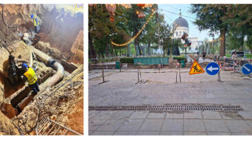 Scuarul Catedralei: conducta deteriorată, scoasă la suprafață. Reparația a fost finalizată după lucrări desfășurate și noaptea